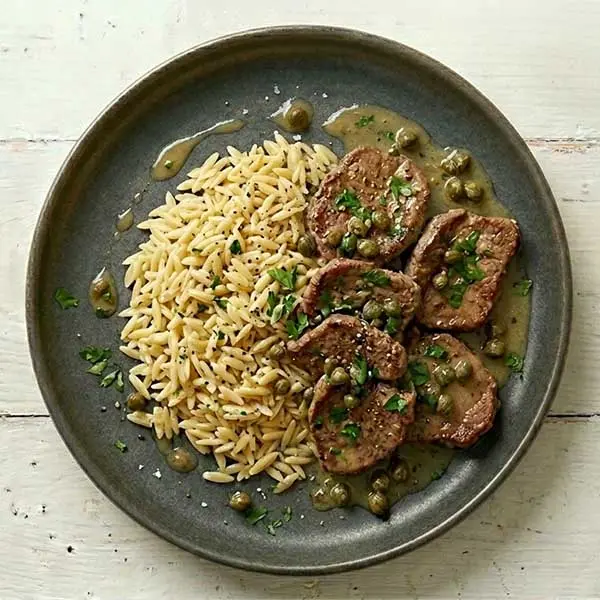 Beef  Piccata With Orzo Pasta